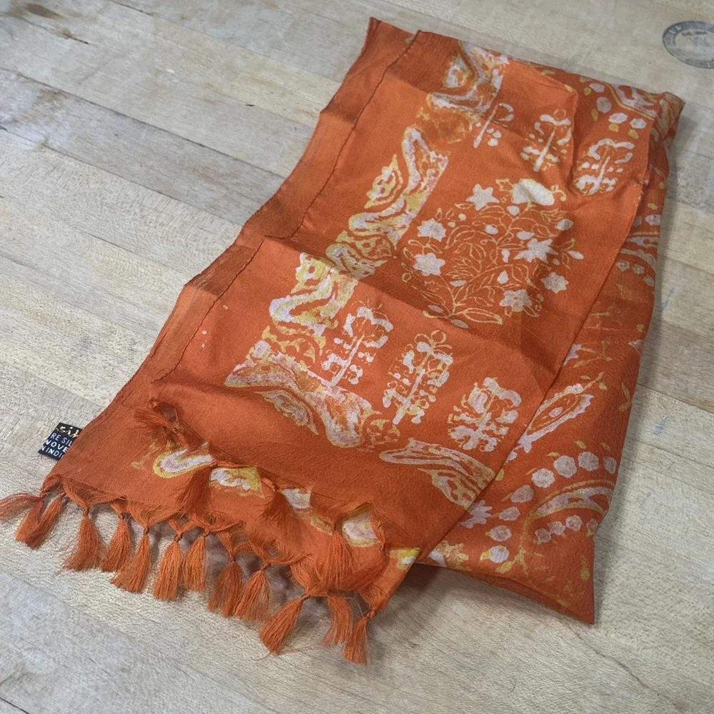 Vintage Kausik 100% Silk Scarf Hand Woven India Orange Paisley Tassel Wrap